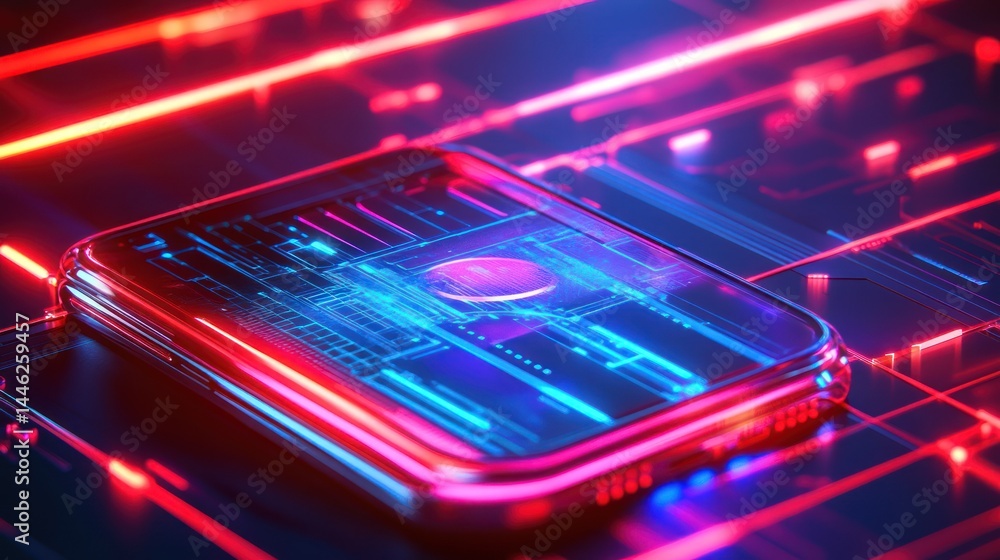 Poster Illuminated smartphone displaying complex internal circuit board design