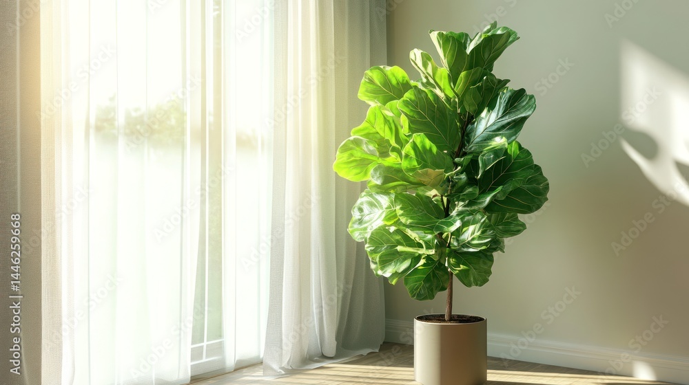 Poster fiddle leaf fig tree stands by a bright window