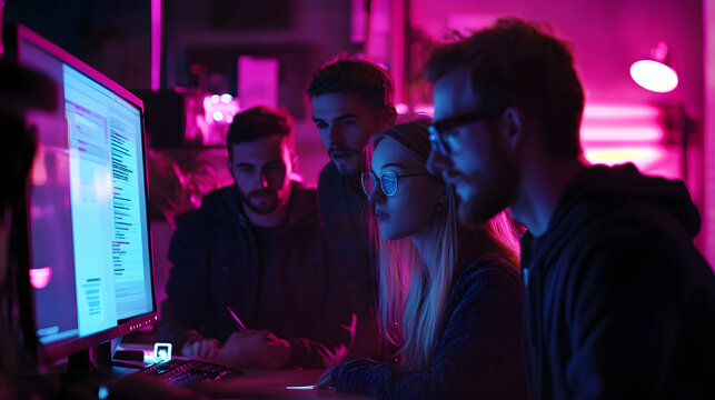 Team's Digital Vision: A focused team, illuminated by a neon glow, collaborates on a computer screen, immersed in the complex world of coding and technology.