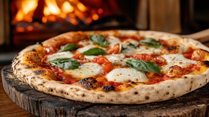 Delicious neapolitan pizza baking in a wood fired oven