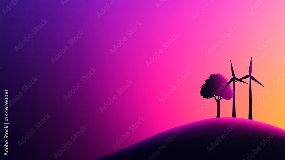 Poster silhouette of a tree and two wind turbines stand on a hill against a vibrant gradient background of 