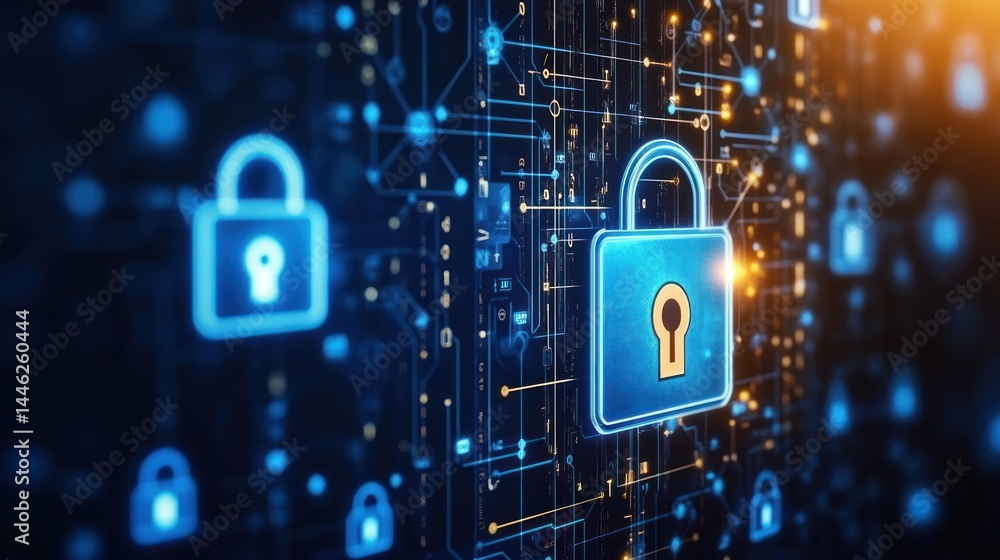 Poster Digital security concept featuring multiple padlocks with glowing connections