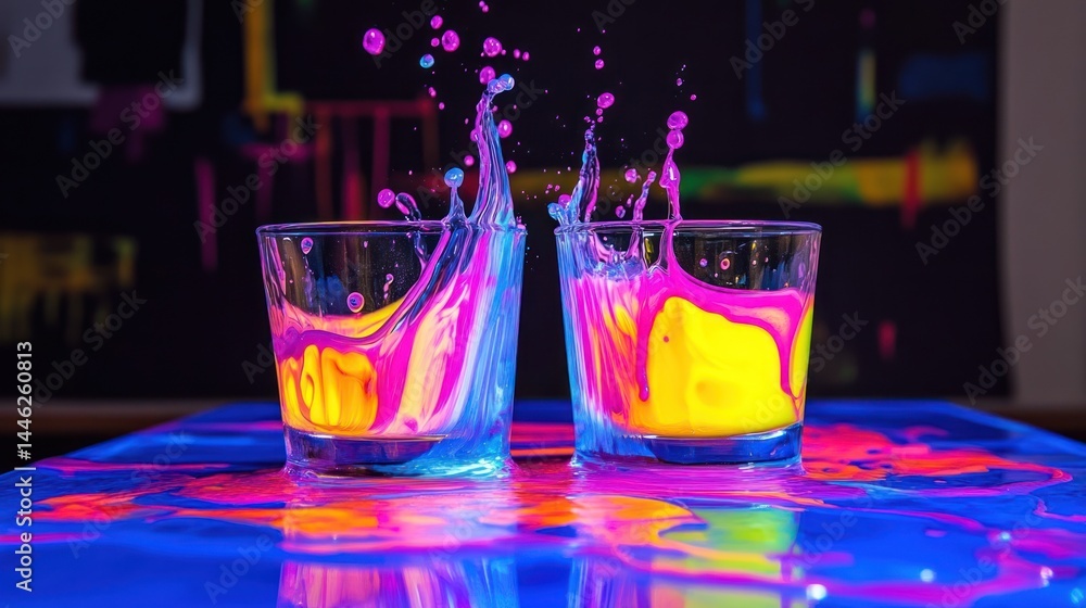 Poster two glasses filled with vibrant liquid create dynamic splashes