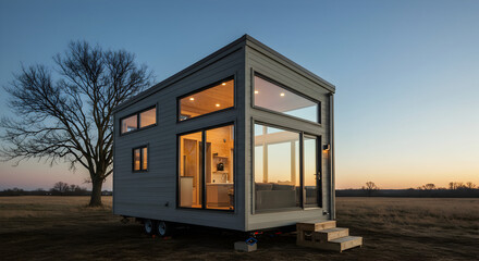 Minimalist Tiny House With Scenic Sunset Landscape Background