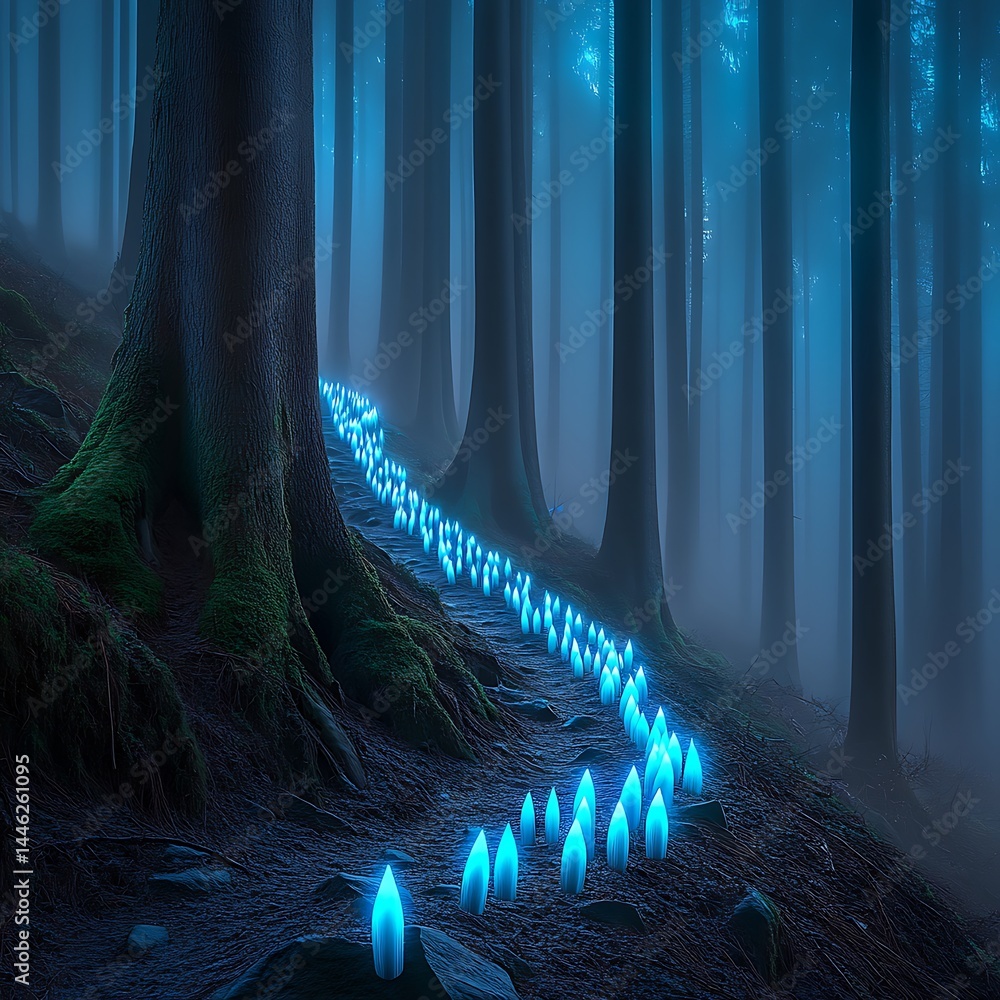 Poster mysterious path illuminated by glowing objects in a misty forest.