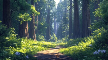 Fototapeta premium Lush forest path bathed in sunlight