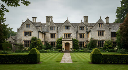 Majestic Mansion Exuding Timeless Elegance Amidst Verdant Landscaping Under Cloudy Skies