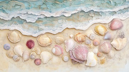 Seashells adorn the beach washed by gentle ocean waves