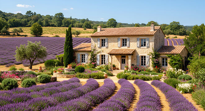Provencal Farmhouse Surrounded By Blooming Lavender Fields On A Sunny Summer Day