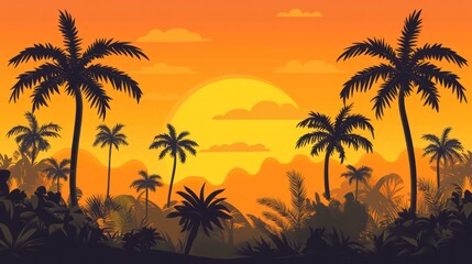 Silhouetted palm trees against an orange sunset tropical landscape