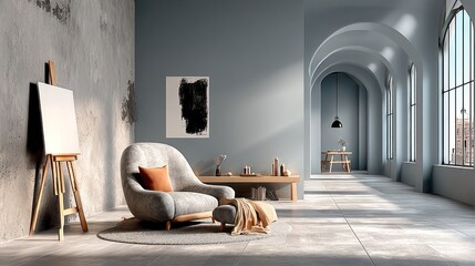 Modern loft studio with comfortable seating area