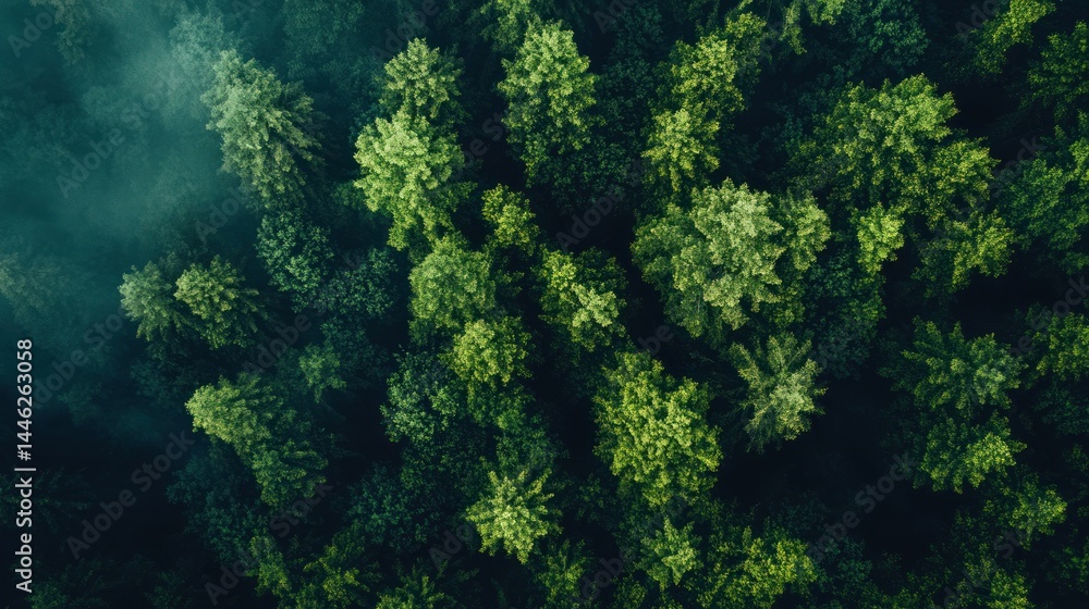 Aufkleber aerial view of a dense forest with low hanging fog