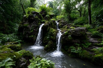 An enchanting waterfall in a lush tropical paradise, isolated on a diffrent collers background, representing serene nature and tranquil settings.
