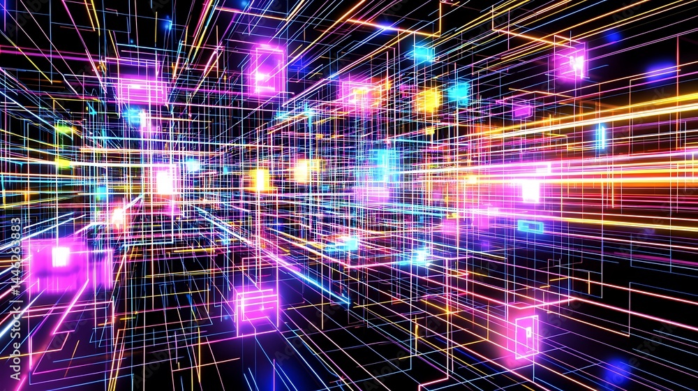 Poster dynamic network of vibrant colored lines and shapes.