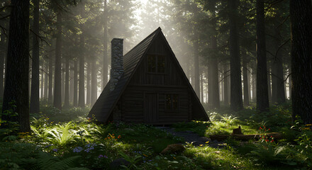 Cabin In A Forest With Natural Sunlight And Beautiful Greenery