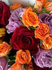 Beautiful bouquet of red, orange, and purple roses. Delicate petals and varied colors of flowers, natural beauty. Vibrant composition perfect for celebrations, gifts. Decorative for design