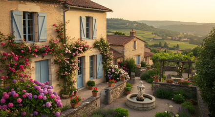 Naklejka premium Idyllic French Countryside Home With Vibrant Roses and Serene Landscape