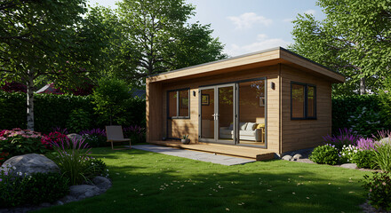 Modern Prefabricated Garden Room Nestled Within Lush Green Landscape