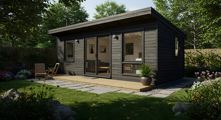 Modern Prefabricated Home With Wooden Facade In The Backyard Garden