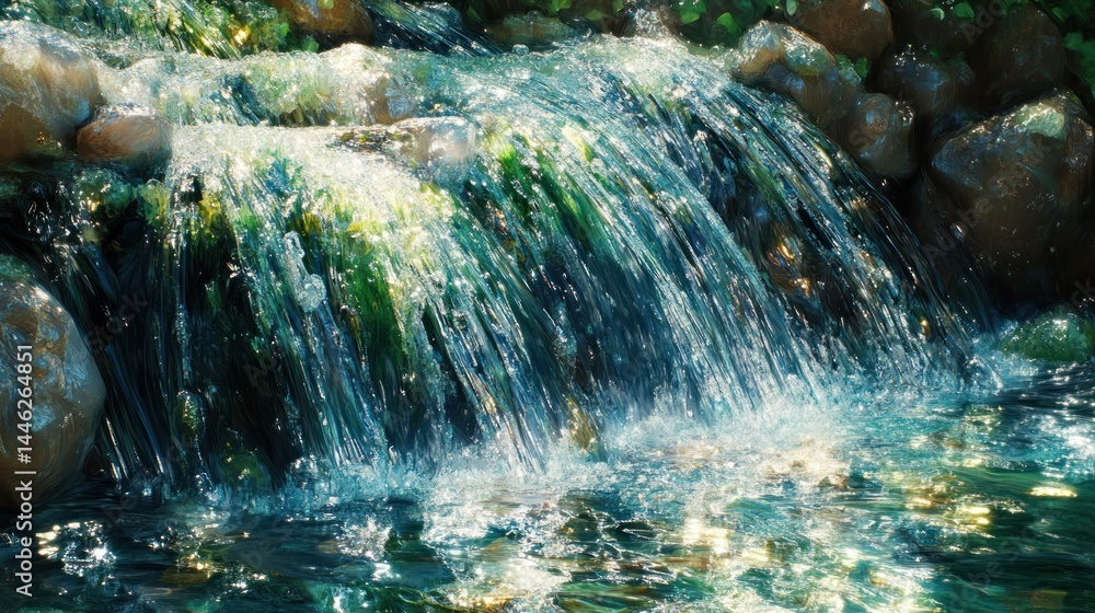 Poster fresh waterfall cascading over mossy rocks into the sparkling stream