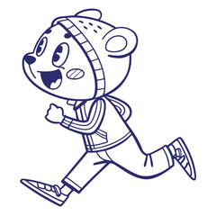 Line Art Running Cartoon Bear Character in Winter Clothing on Isolated White Background