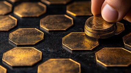 Hand placing coin on gold octagons; finance, investment concept