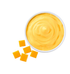 delicious cheddar cheese sauce in a white bowl isolated, top view.