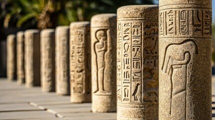 Several ancient stone columns are aligned in a perspective view