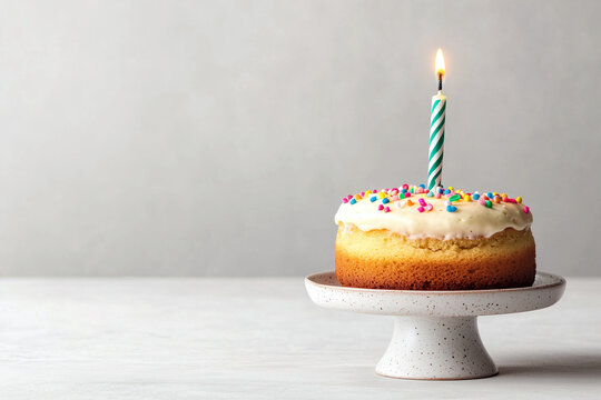A birthday cake with a candle on grey beackground
