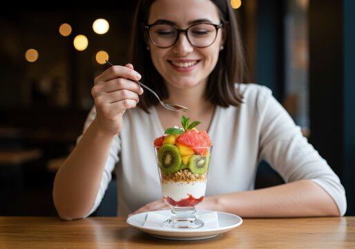 Woman with glasses enjoys a fruit parfait at a restaurant table