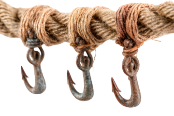 Rusty hooks hanging from old rope nautical detail antique fishing gear