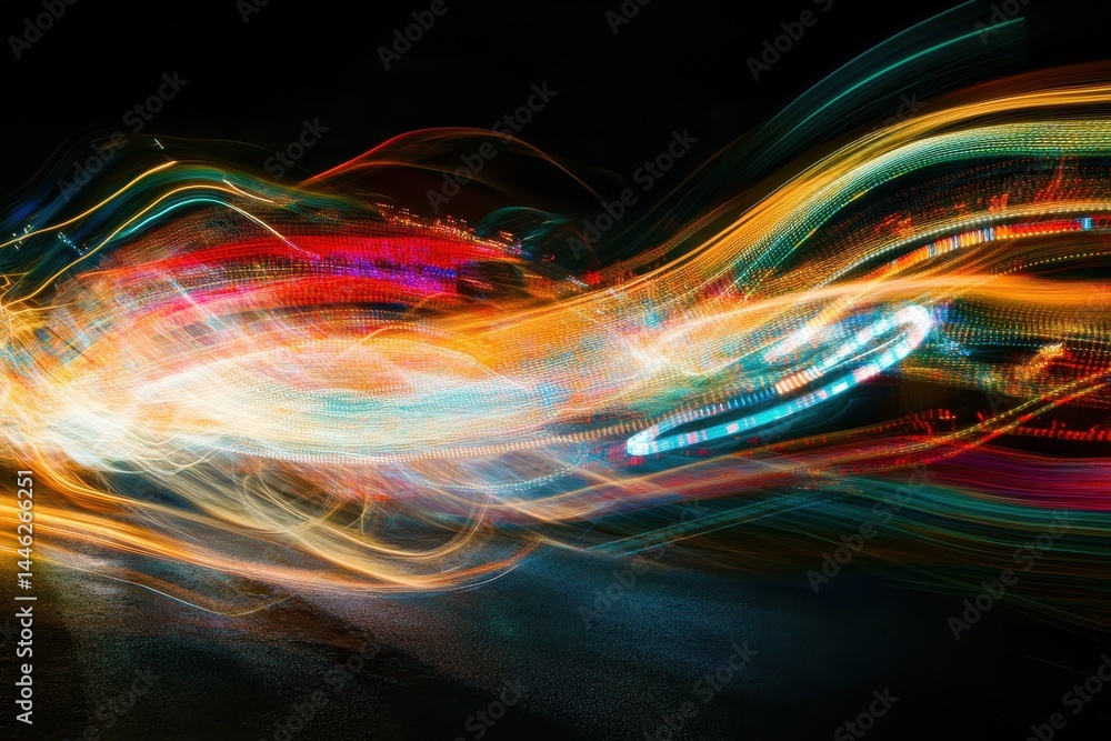 Aufkleber light trails create vibrant patterns against a black background showcasing dynamic data processing a