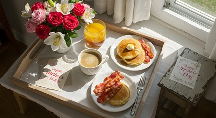 A breakfast tray with pancakes bacon juice coffee flowers and a happy mother's day card near a window