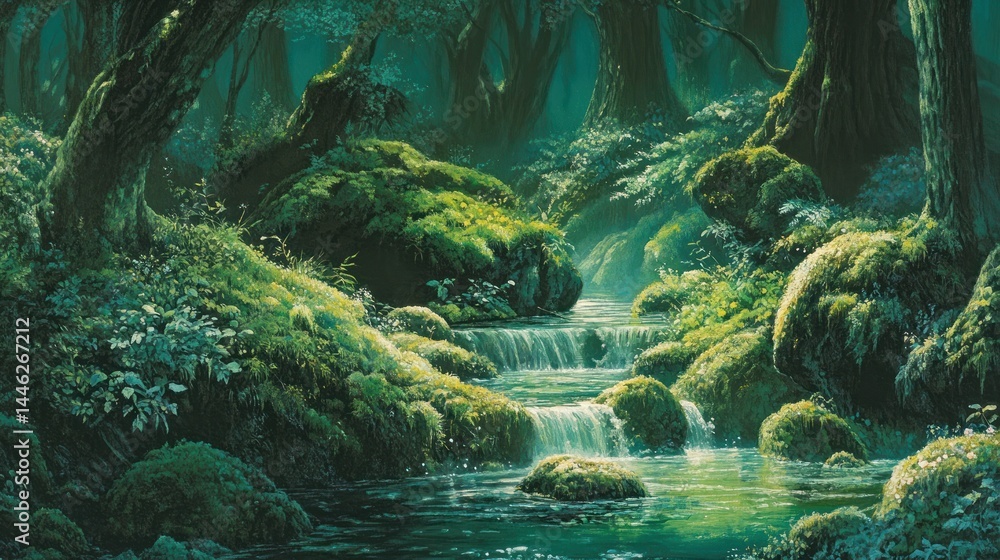 Poster mossy rocks line a cascading stream in a deep forest