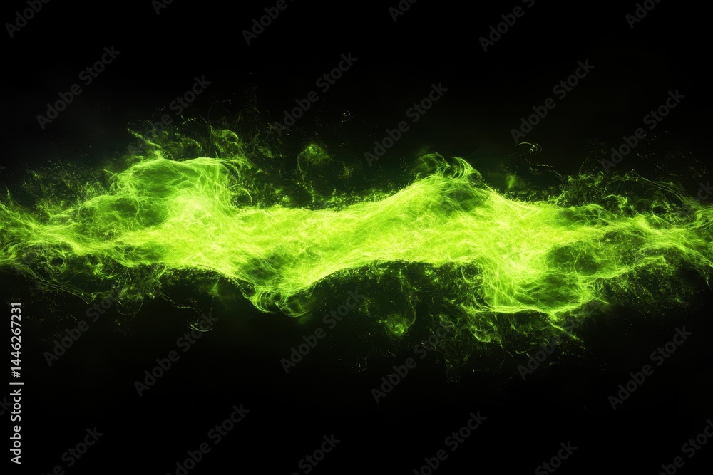 Poster glowing green particles dance elegantly on a dark background in an abstract display of motion and li