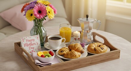 A mother's day breakfast tray on a bed with flowers and pastries and coffee and a happy mother's day card