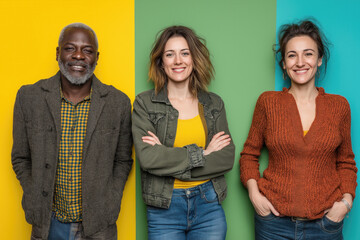 Portrait de groupe souriant sur fond coloré uni – diversité de personne adulte posant avec expression joyeuse et bras croisé en studio