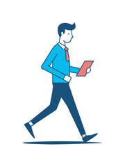 Businessman walking and checking his tablet