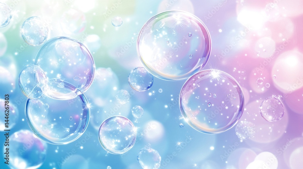 Poster Iridescent bubbles float against a pastel background with sparkling highlights