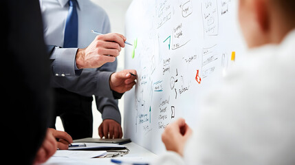 Board Meeting Brainstorm: Focused business professionals collaborating intensely, brainstorming ideas, making notes, sketching concepts on a whiteboard.