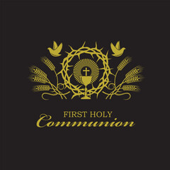 golden holy communion icon with chalice and thorn crown isolated on black background