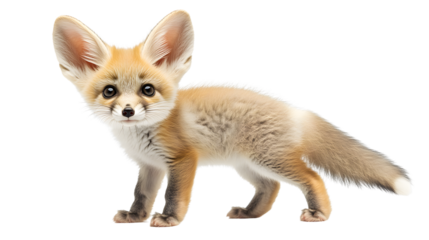A young fox with large ears standing alert against a black background perfect for wildlife na