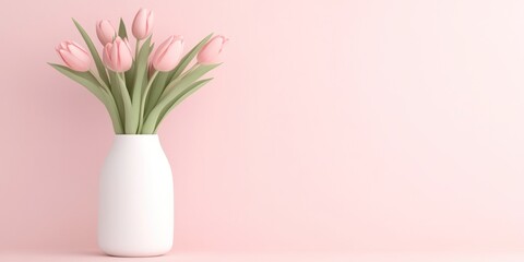 Fototapeta premium Pink Tulips in a White Vase Against a Pink Background