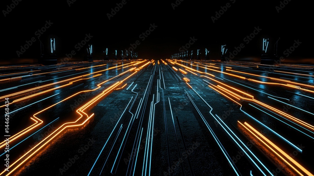 Poster Illuminated abstract pathways with neon lights creating a digital landscape