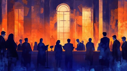 Silhouetted figures gather in a grand hall for proceedings