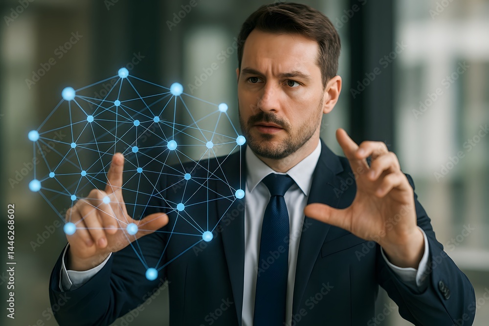 Poster a caucasian male executive in a suit gestures between holographic network nodes and connections. con