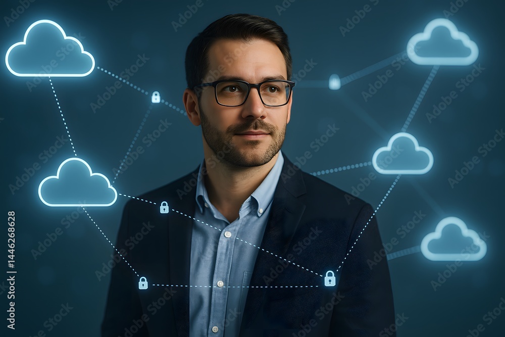 Poster a caucasian male executive stands before floating cloud icons linked by glowing lines. concept of hy