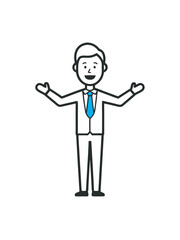 A cartoon businessman in a suit smiles with a thumb up, a vector illustration of office success