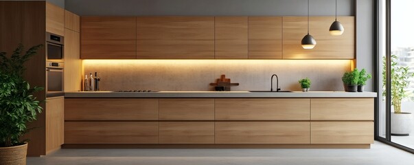 Modern minimalist kitchen interior design featuring wooden cabinets and plants