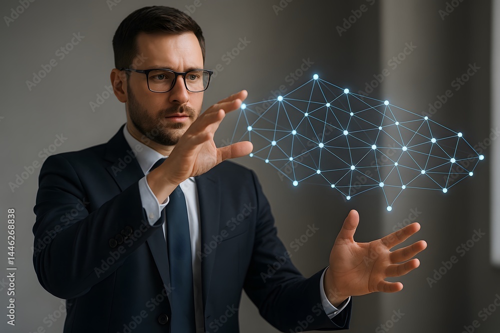 Aufkleber a caucasian male in a suit gestures between glowing network nodes and interconnecting lines. concept